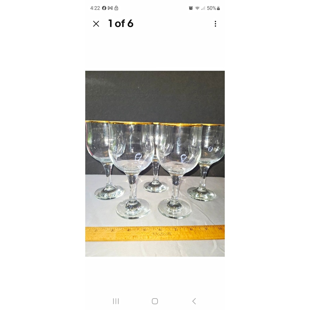 Set of 5 Clear Vintage Fostoria Crystal Stemmed Wine Glasses with Gold Rim